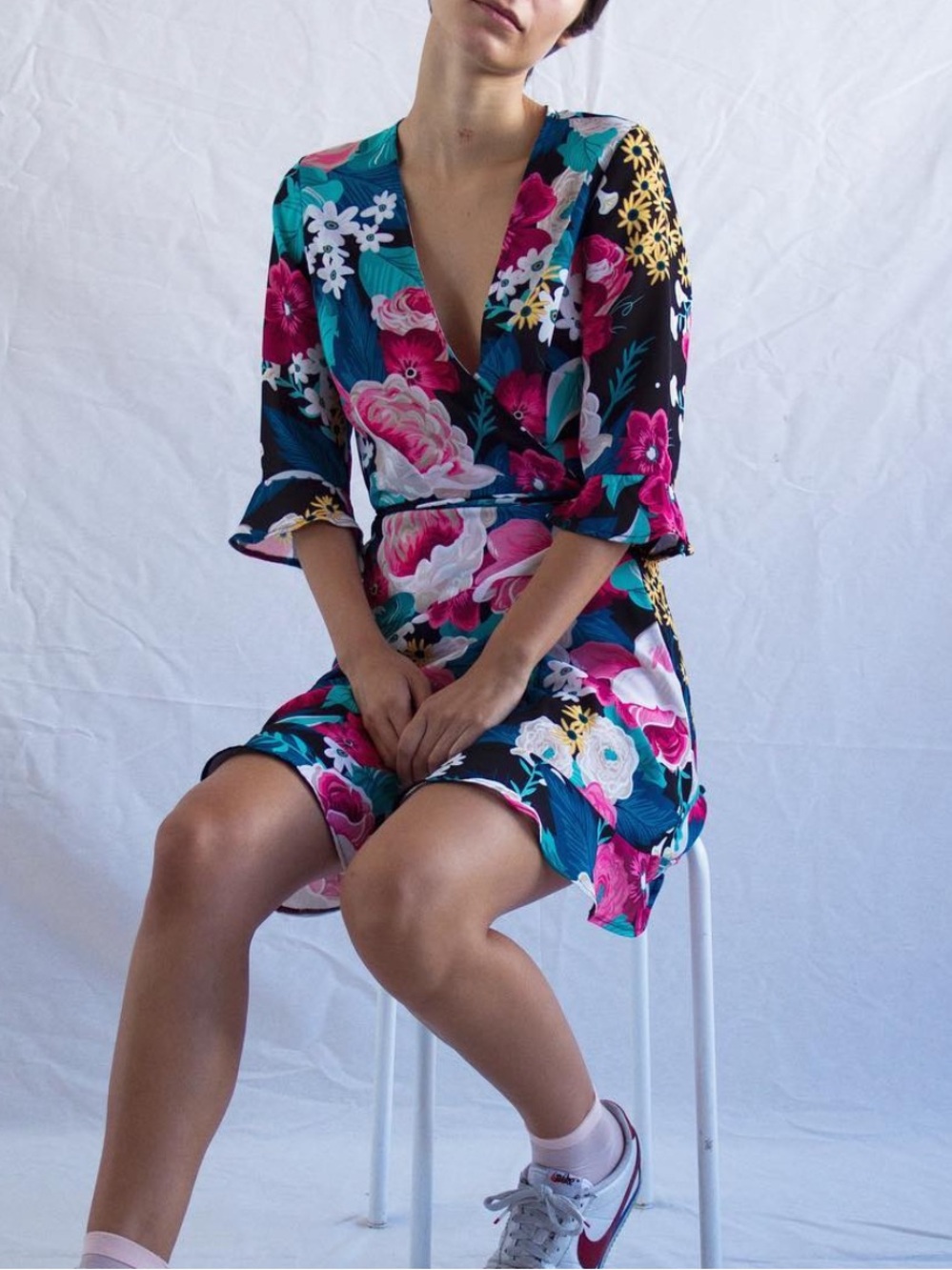 Kling Purple Cats and Floral print Wrap Mini Dress